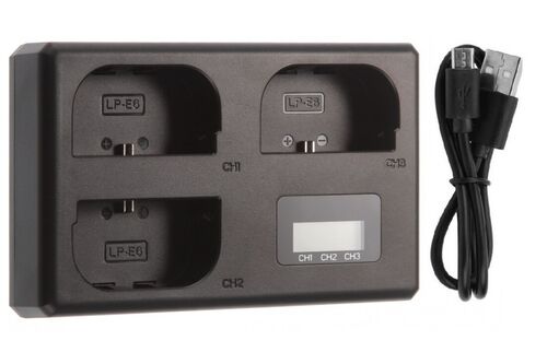 Тройное зарядное устройство TT-LPE6 для аккумуляторов Canon LP-E6/6N/6NH с дисплеем и Type-C